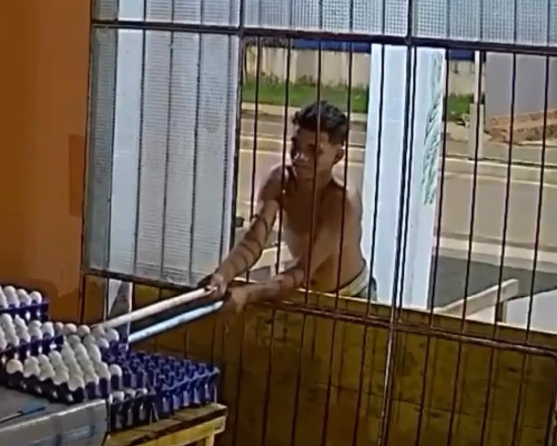 Ladrão usa cabos de vassoura para furtar bandejas de ovos e deixa cair